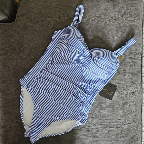 Nip Tuck Women blue white Stripe Twist Front Tummy Control One Piece Swimsuit 8 - Picture 1 of 16